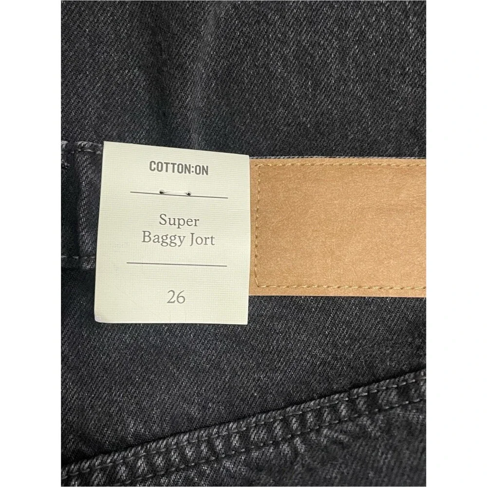 NWT Cotton On Super Baggy Jort Size 26 Black Denim Shorts Mid Rise Long Baggy